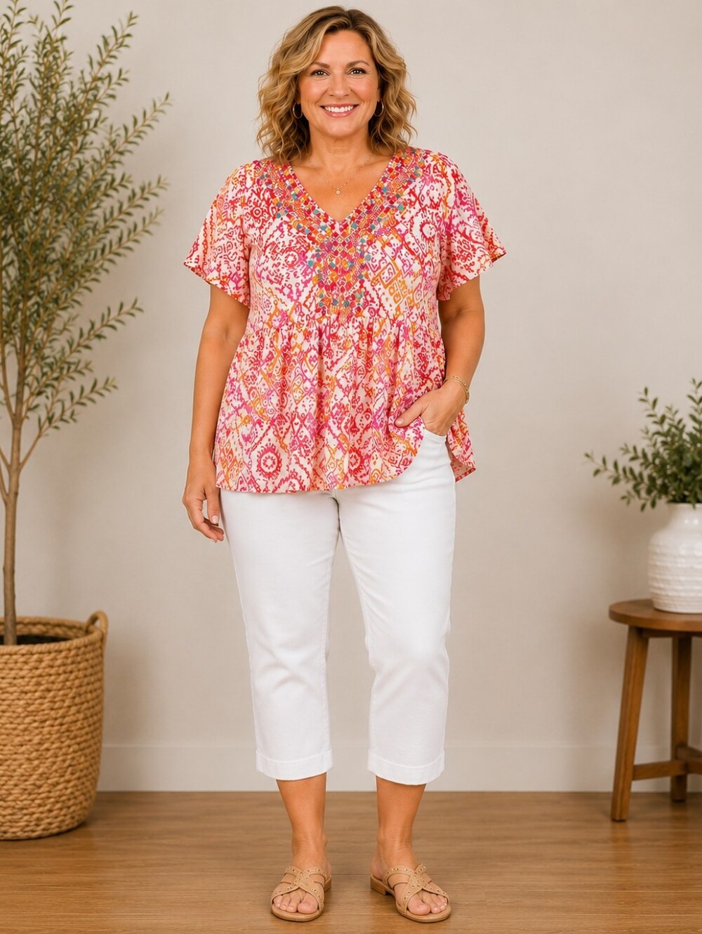 Savanna Jane Embroidered Boho Babydoll Top Large Pink Orange Peasant Blouse